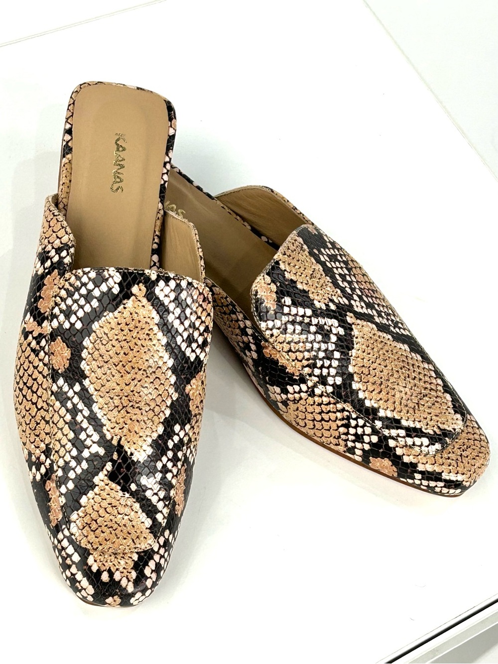 KAANAS Berlin Snake Print Leather Loafer Mules Brown Black Women’s 8